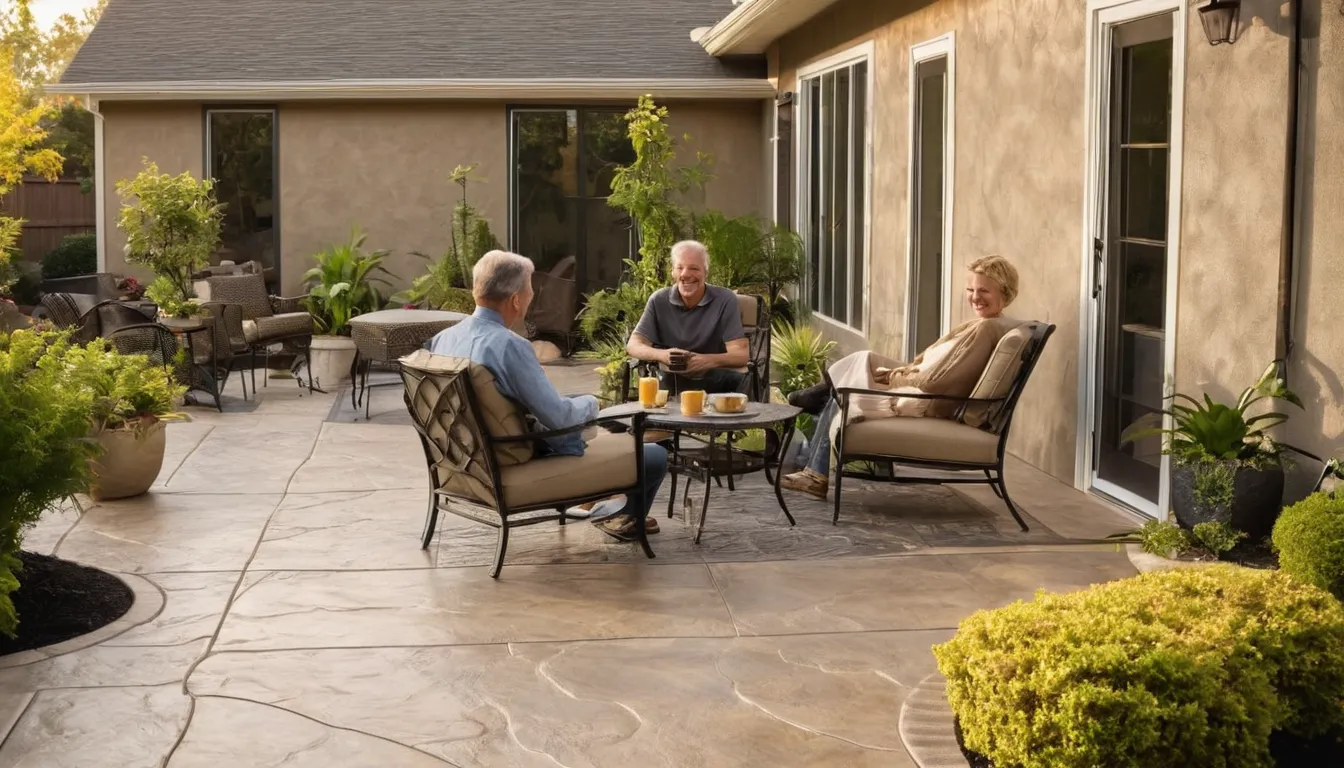 Stamped concrete patio with a stone-look pattern behind a stucco home in Loomis